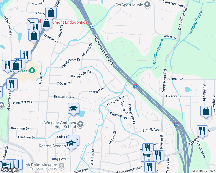 map of restaurants, bars, coffee shops, grocery stores, and more near 2104 Briarcliff Drive in High Point