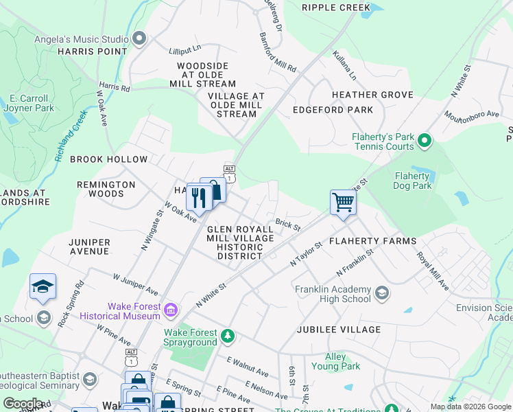 map of restaurants, bars, coffee shops, grocery stores, and more near 821 Mill Street in Wake Forest