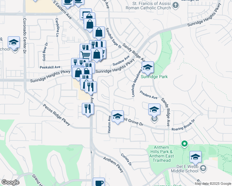 map of restaurants, bars, coffee shops, grocery stores, and more near 2463 Lower Meadows Avenue in Henderson