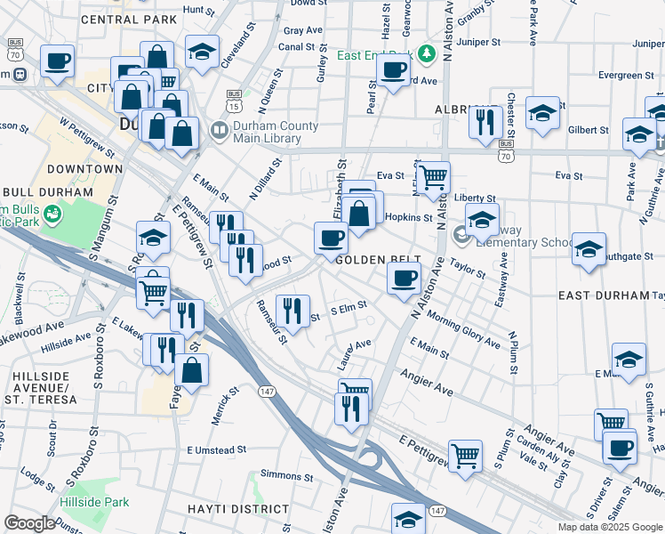 map of restaurants, bars, coffee shops, grocery stores, and more near in Durham