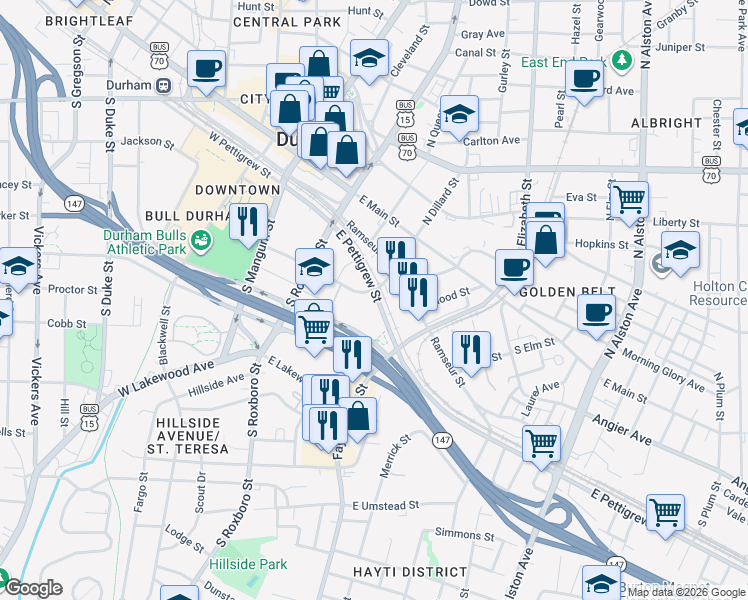 map of restaurants, bars, coffee shops, grocery stores, and more near 515 East Pettigrew Street in Durham