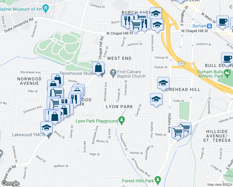 map of restaurants, bars, coffee shops, grocery stores, and more near 1308 Halley Street in Durham