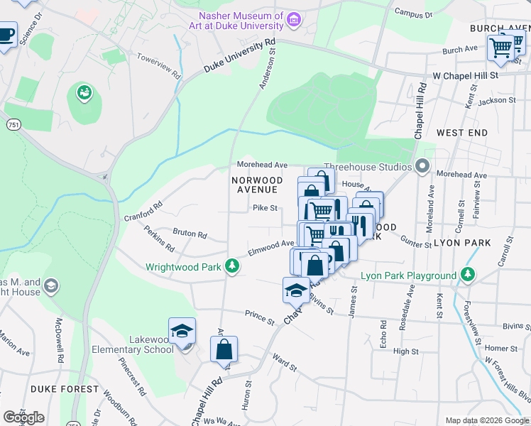 map of restaurants, bars, coffee shops, grocery stores, and more near 2236 Lafayette Street in Durham
