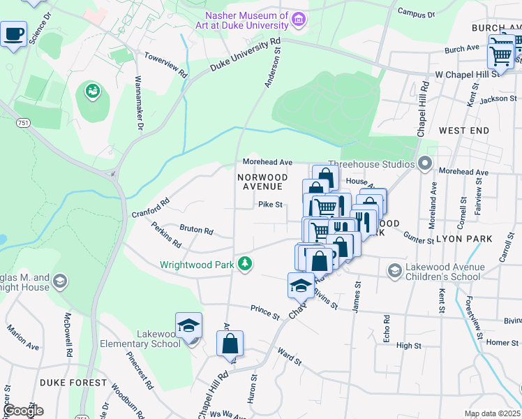 map of restaurants, bars, coffee shops, grocery stores, and more near 2236 Lafayette Street in Durham