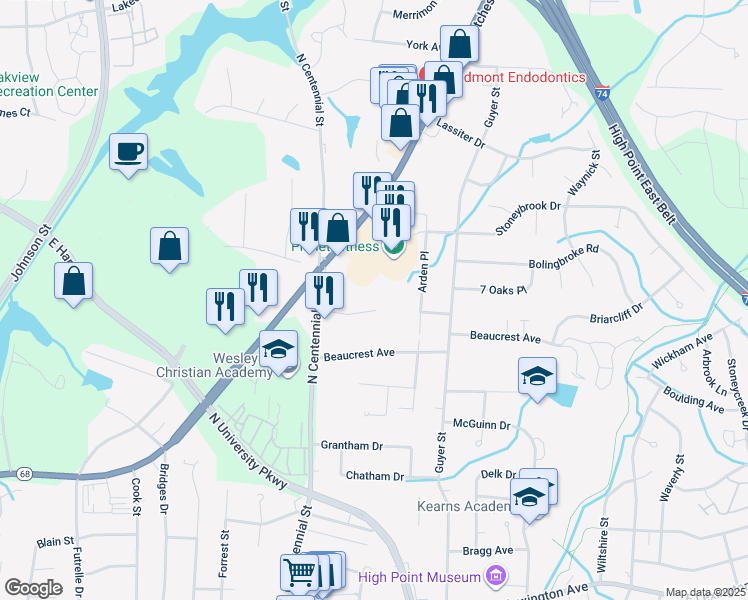 map of restaurants, bars, coffee shops, grocery stores, and more near 1515 Woodside Avenue in High Point