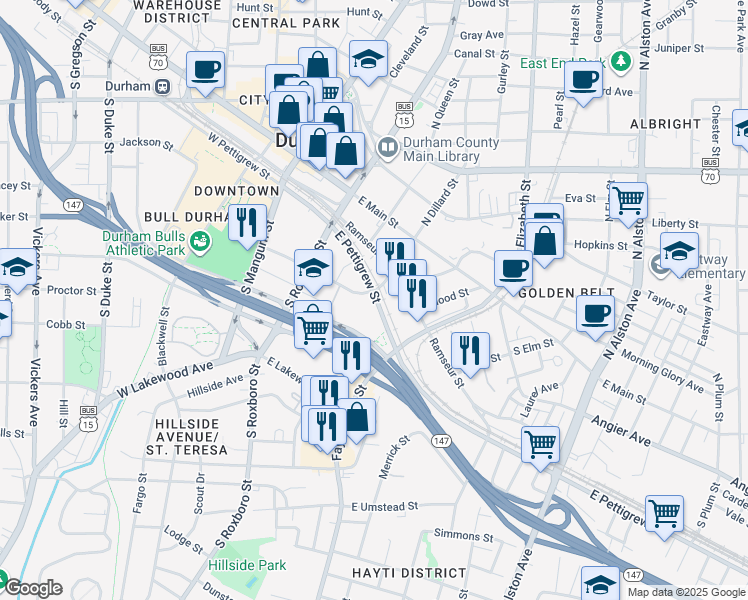 map of restaurants, bars, coffee shops, grocery stores, and more near 515 East Pettigrew Street in Durham
