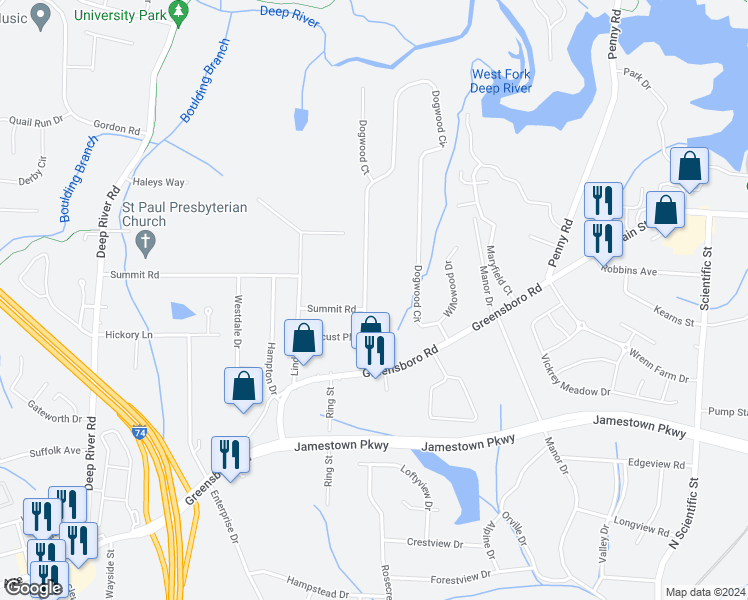 map of restaurants, bars, coffee shops, grocery stores, and more near 306 Dogwood Circle in High Point