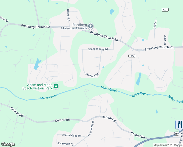 map of restaurants, bars, coffee shops, grocery stores, and more near 6040 Herinhut Road in Winston-Salem