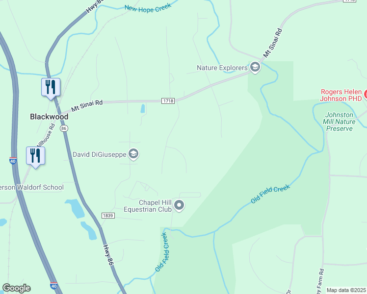map of restaurants, bars, coffee shops, grocery stores, and more near 365 Cairns Way in Chapel Hill