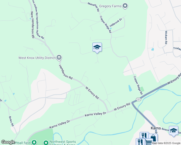 map of restaurants, bars, coffee shops, grocery stores, and more near 8935 West Emory Road in Knoxville
