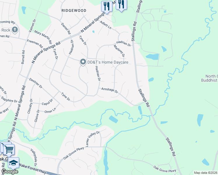 map of restaurants, bars, coffee shops, grocery stores, and more near 4311 Armitage Drive in Durham