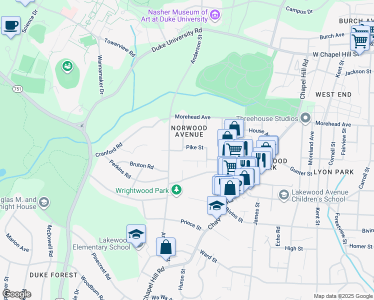 map of restaurants, bars, coffee shops, grocery stores, and more near 1101 Norwood Avenue in Durham