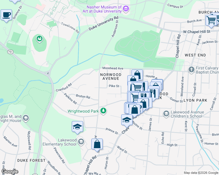 map of restaurants, bars, coffee shops, grocery stores, and more near 1101 Norwood Avenue in Durham