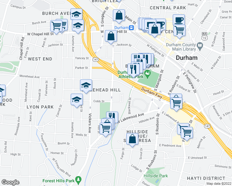 map of restaurants, bars, coffee shops, grocery stores, and more near 909 South Duke Street in Durham