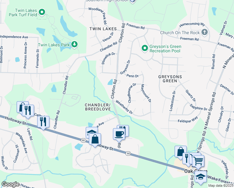 map of restaurants, bars, coffee shops, grocery stores, and more near 418 Clayton Road in Durham