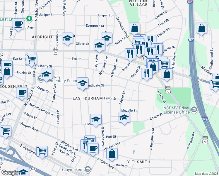 map of restaurants, bars, coffee shops, grocery stores, and more near 306 North Briggs Avenue in Durham