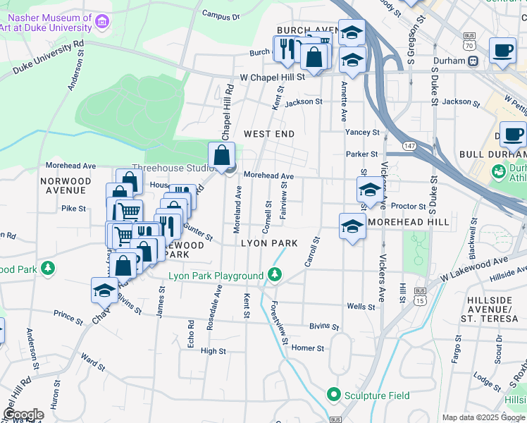 map of restaurants, bars, coffee shops, grocery stores, and more near 1030 Cornell Street in Durham