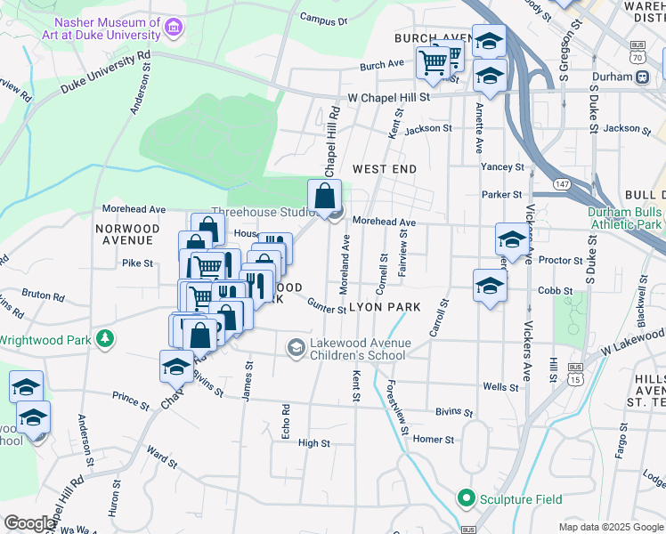 map of restaurants, bars, coffee shops, grocery stores, and more near 1100 Moreland Avenue in Durham