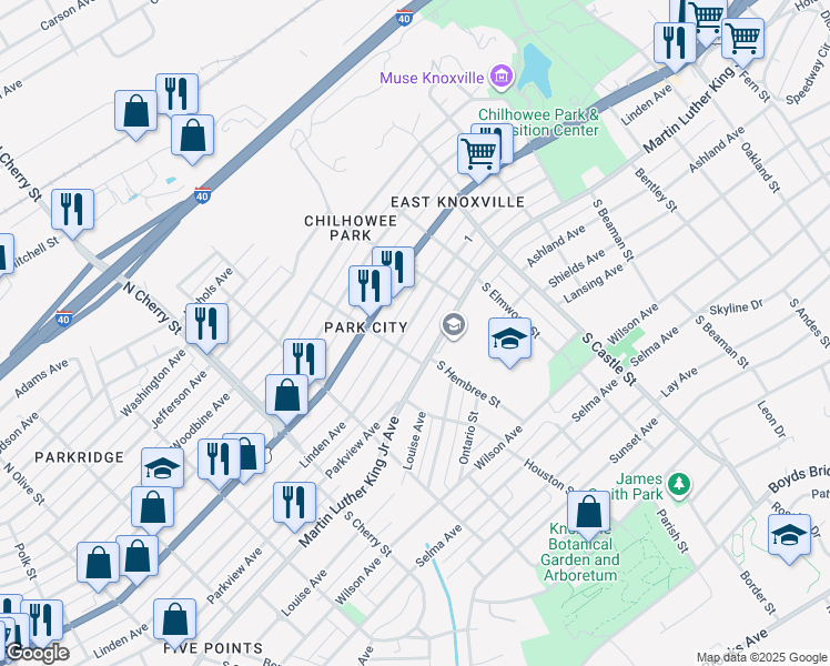 map of restaurants, bars, coffee shops, grocery stores, and more near 2801 Martin Luther King Junior Avenue in Knoxville