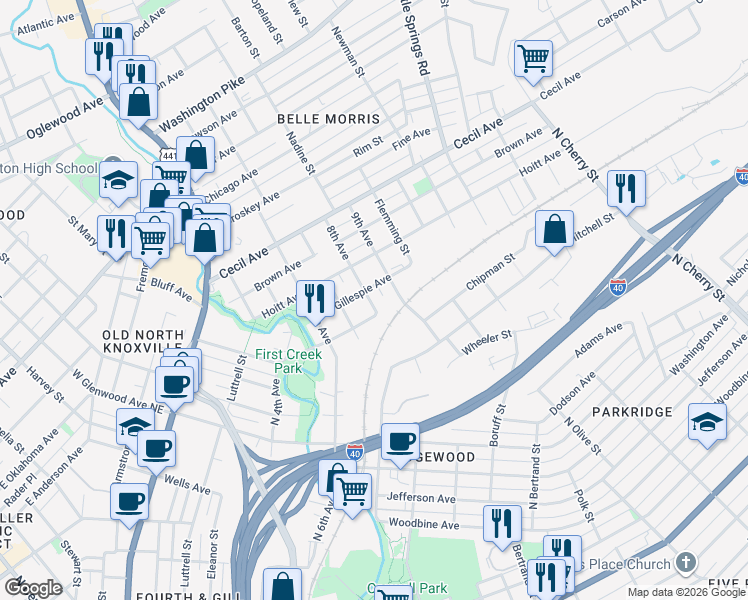 map of restaurants, bars, coffee shops, grocery stores, and more near 1723 Grainger Avenue in Knoxville