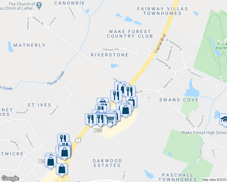 map of restaurants, bars, coffee shops, grocery stores, and more near 12621 Capital Blvd in Wake Forest