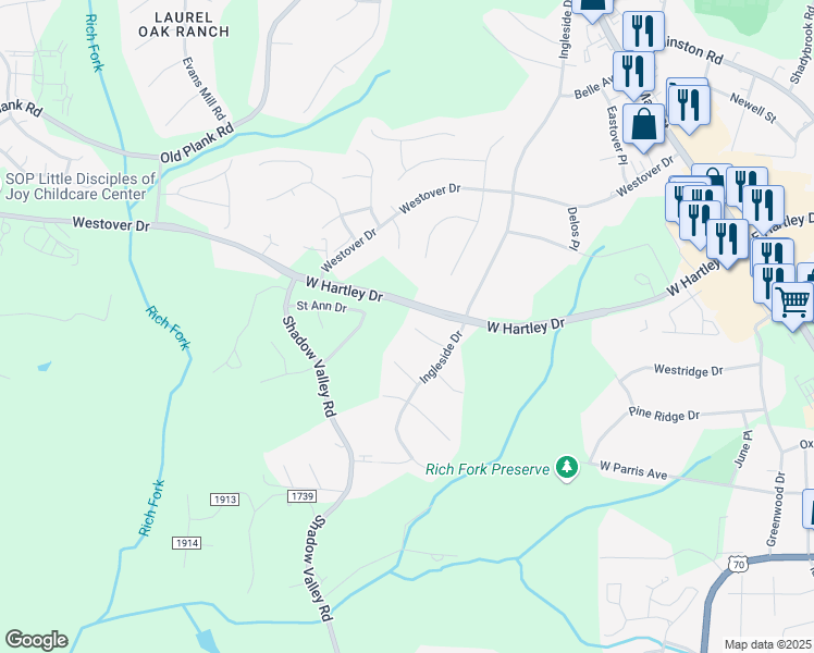 map of restaurants, bars, coffee shops, grocery stores, and more near 799 Avalon Springs Court in High Point