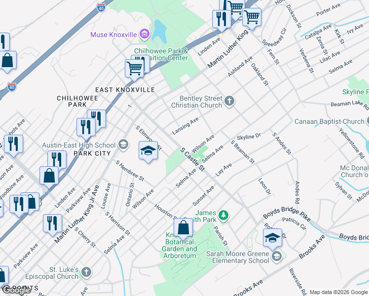 map of restaurants, bars, coffee shops, grocery stores, and more near in Knoxville