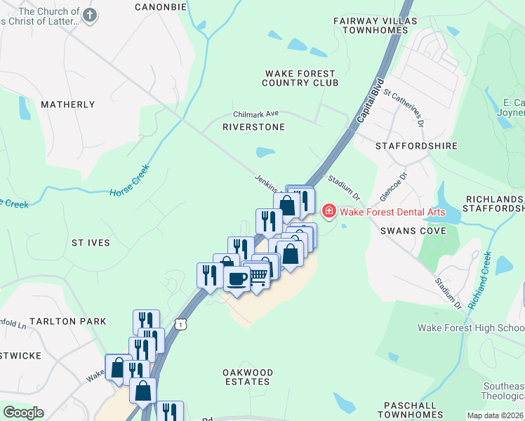 map of restaurants, bars, coffee shops, grocery stores, and more near 12621 Capital Boulevard in Wake Forest