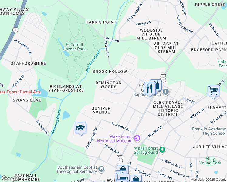 map of restaurants, bars, coffee shops, grocery stores, and more near 103 Andrew Court in Wake Forest