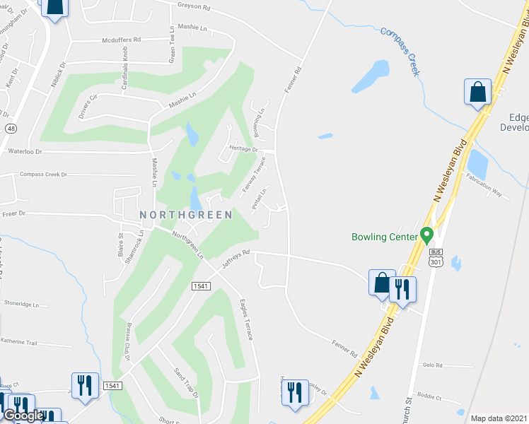 map of restaurants, bars, coffee shops, grocery stores, and more near 100 Pheasant Court in Rocky Mount
