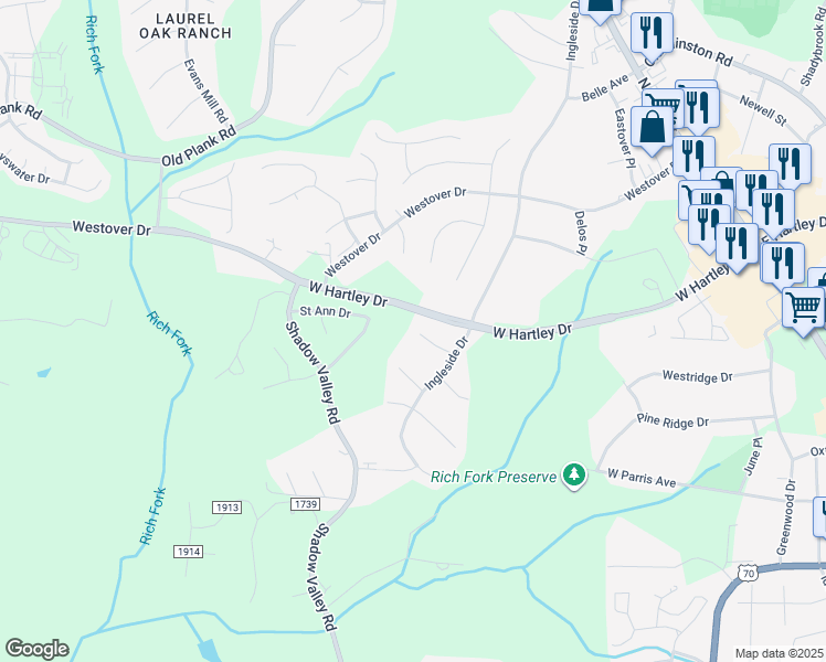 map of restaurants, bars, coffee shops, grocery stores, and more near 799 Avalon Springs Court in High Point