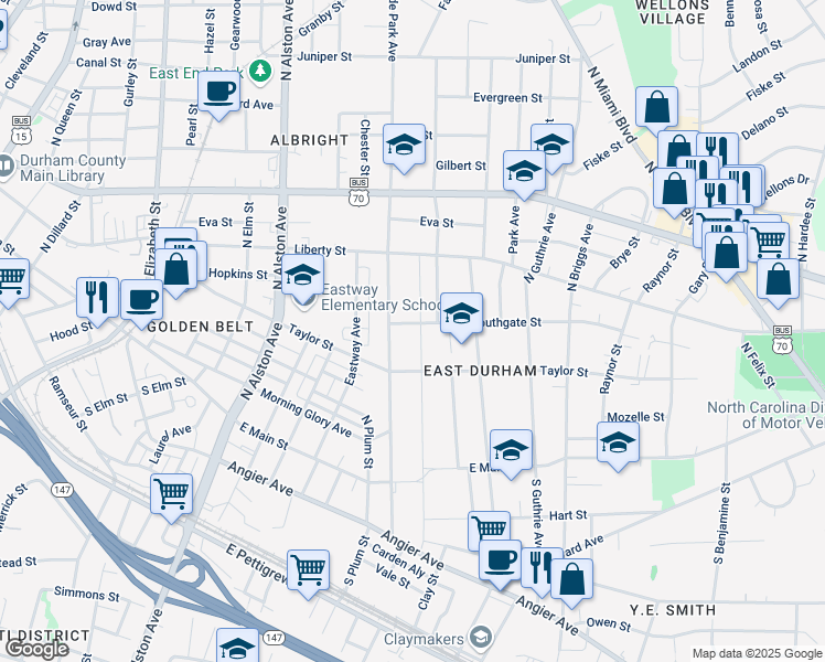 map of restaurants, bars, coffee shops, grocery stores, and more near 1704 Southgate Street in Durham