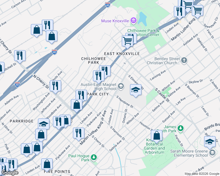 map of restaurants, bars, coffee shops, grocery stores, and more near 2801 Martin Luther King Junior Avenue in Knoxville