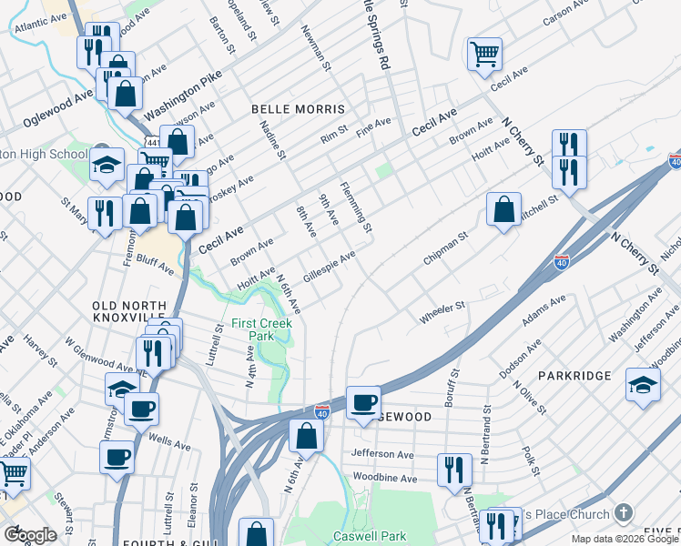 map of restaurants, bars, coffee shops, grocery stores, and more near 1723 Grainger Avenue in Knoxville