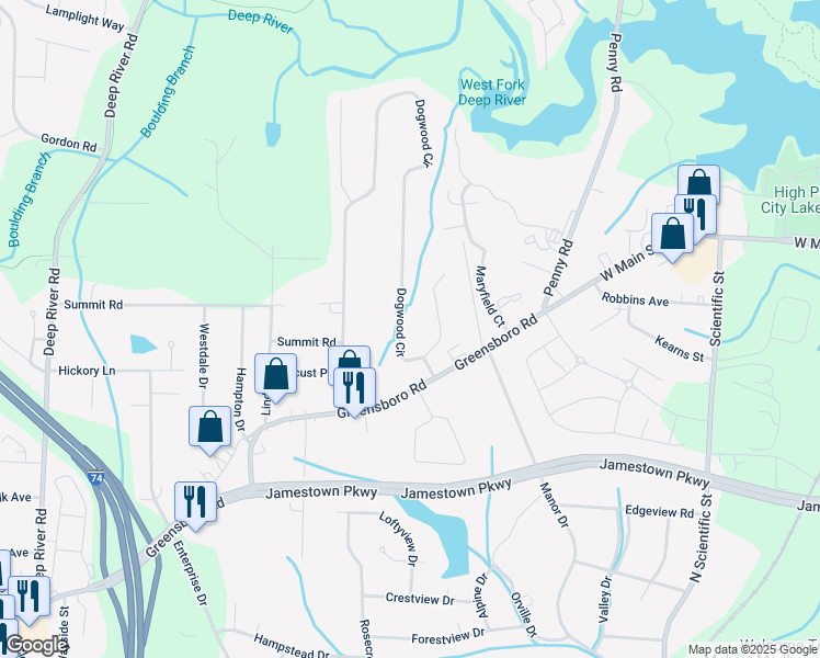 map of restaurants, bars, coffee shops, grocery stores, and more near 877 Dogwood Circle in High Point