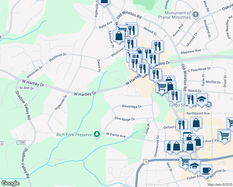 map of restaurants, bars, coffee shops, grocery stores, and more near 201 West Hartley Drive in High Point