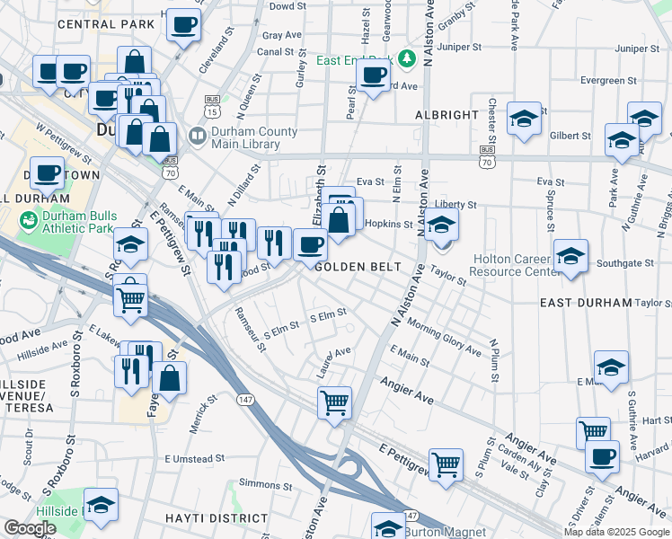 map of restaurants, bars, coffee shops, grocery stores, and more near 1003 Morning Glory Avenue in Durham