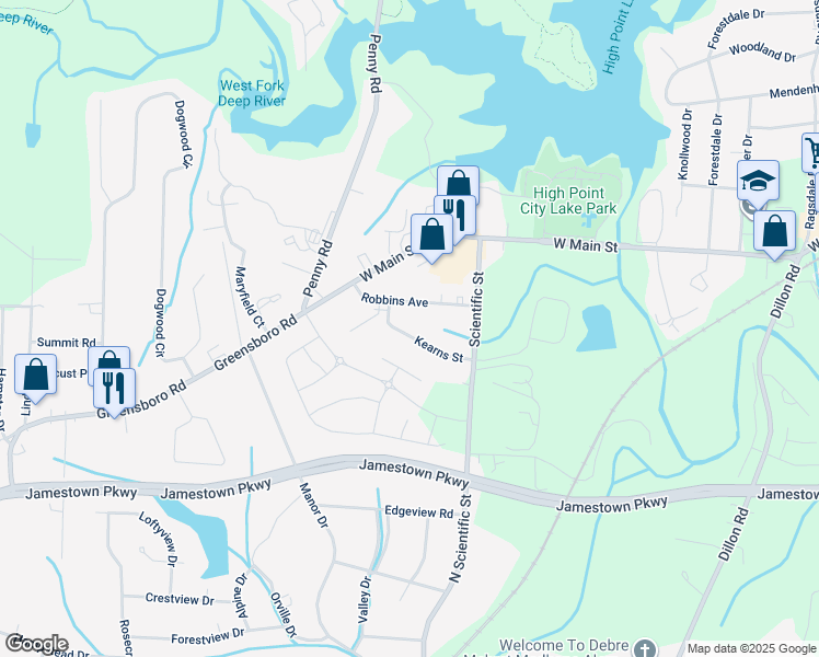 map of restaurants, bars, coffee shops, grocery stores, and more near 118 Kearns Street in Jamestown