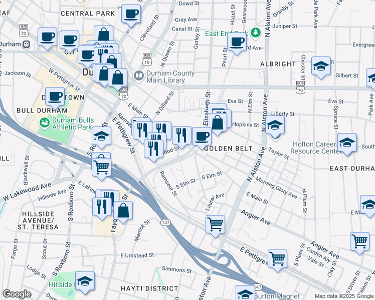 map of restaurants, bars, coffee shops, grocery stores, and more near 804a Angier Avenue in Durham