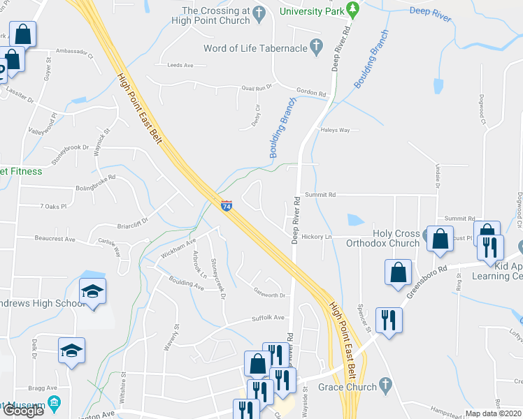 map of restaurants, bars, coffee shops, grocery stores, and more near 2015 WaterStone Loop in High Point