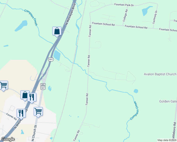 map of restaurants, bars, coffee shops, grocery stores, and more near 2301-2399 Tanner Road in Rocky Mount