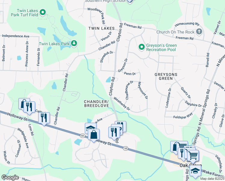 map of restaurants, bars, coffee shops, grocery stores, and more near 418 Clayton Road in Durham