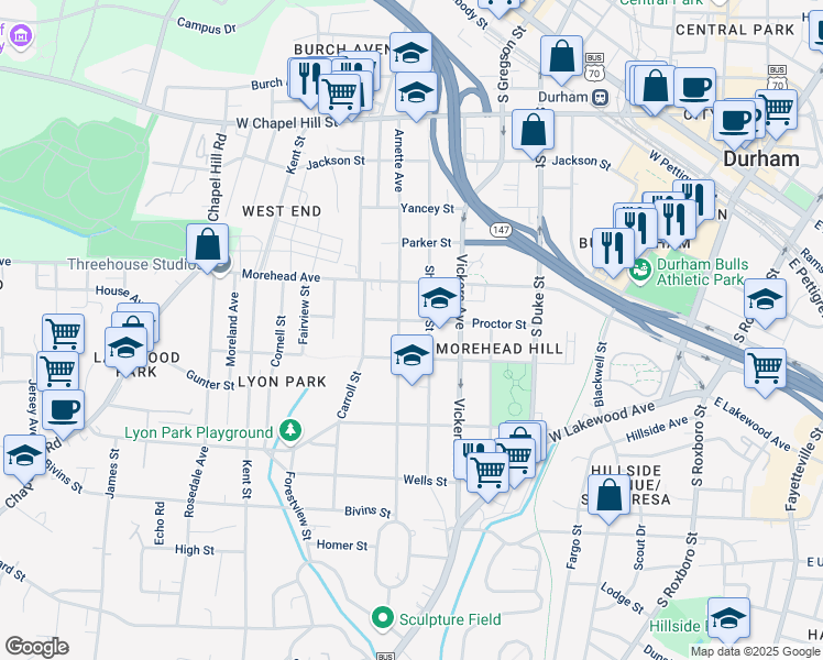 map of restaurants, bars, coffee shops, grocery stores, and more near 907 Proctor Street in Durham