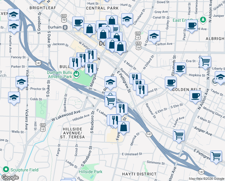 map of restaurants, bars, coffee shops, grocery stores, and more near 441 South Dillard Street in Durham