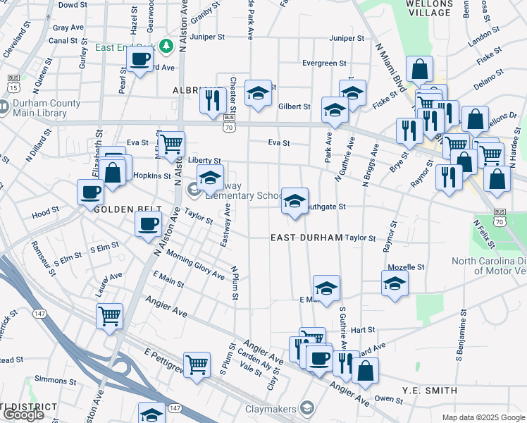 map of restaurants, bars, coffee shops, grocery stores, and more near 1704 Southgate Street in Durham
