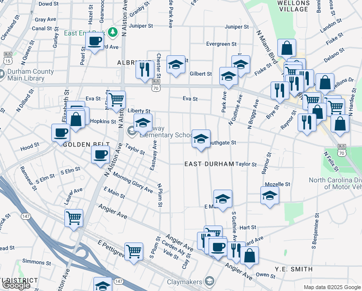 map of restaurants, bars, coffee shops, grocery stores, and more near 1706 Southgate Street in Durham