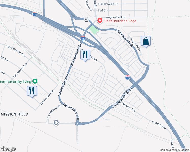 map of restaurants, bars, coffee shops, grocery stores, and more near 1097 Paradise Coach Drive in Henderson