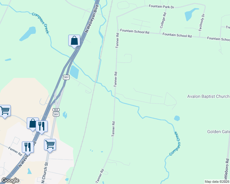 map of restaurants, bars, coffee shops, grocery stores, and more near 2301-2399 Tanner Road in Rocky Mount