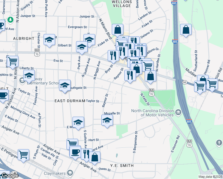 map of restaurants, bars, coffee shops, grocery stores, and more near 408 Raynor Street in Durham