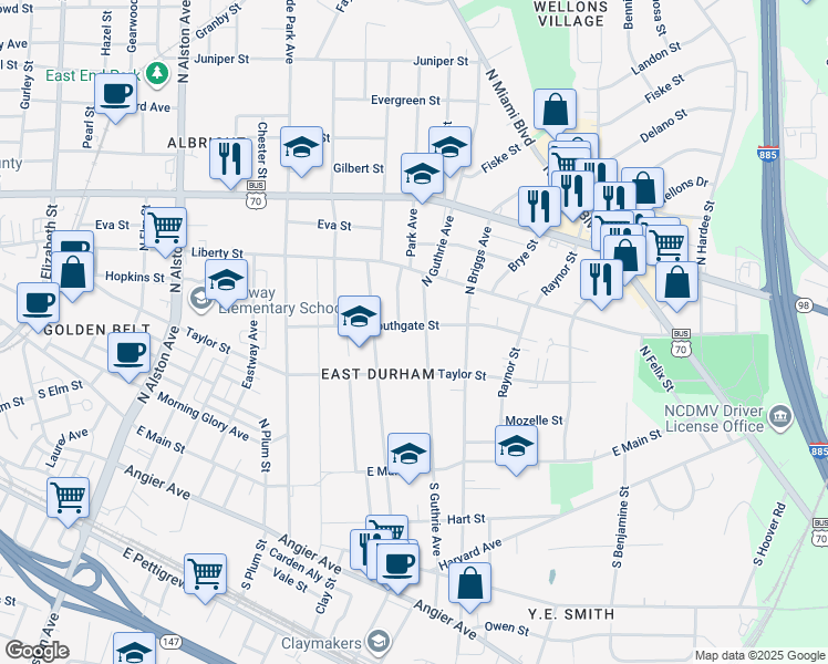 map of restaurants, bars, coffee shops, grocery stores, and more near 406 North Driver Street in Durham